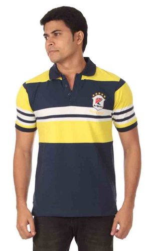 Striped Polo Tshirt - 100% Cotton, Chest 50-58cm, Yellow with White and Blue Stripes, Stylish Design, Comfortable Fit