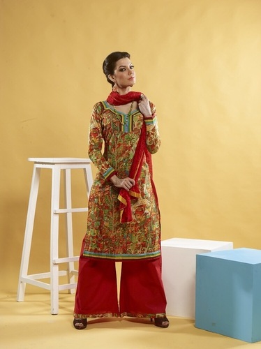 Ethnic Printed Suits Collection 08 - Cambric Material, 3m Bottom, Beige, Chiffon Dupatta | Stylish, Elegant, Comfortable, Traditional, Palazzo, 8 Pieces