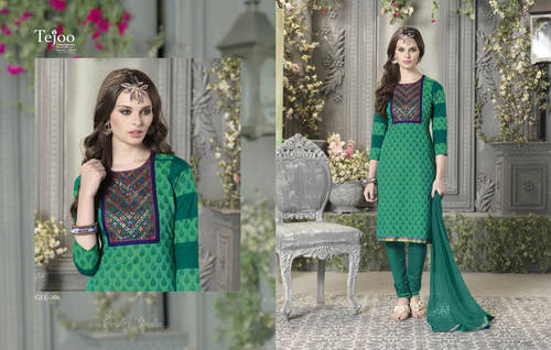 Geetanjali Cotton Embroidered Unstitched Suits - Cotton, 2.75m Bottom, Green, Chiffon Dupatta | 8 Pieces, Versatile Style, Graceful Look