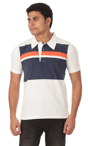 Striped Polo T-Shirt - White with Navy Blue and Orange stripes