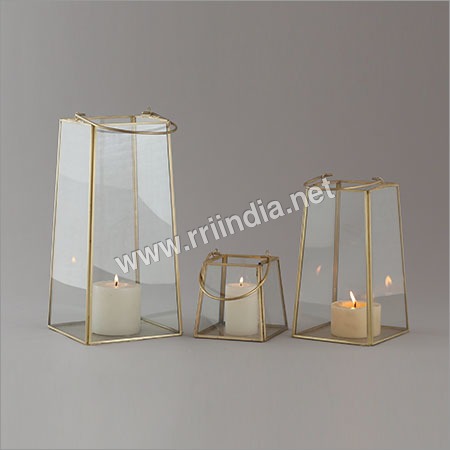 Set Of 3 Glass Lanterns In Brass Finish