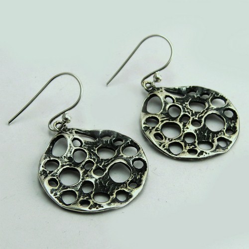 Exclusive !! 925 Sterling Silver Earring - 3.9 x 2.3 cm, Oxidized Finish, Round Jali Design