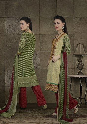 Chiffon Dupatta Cotton SuitsMehendi