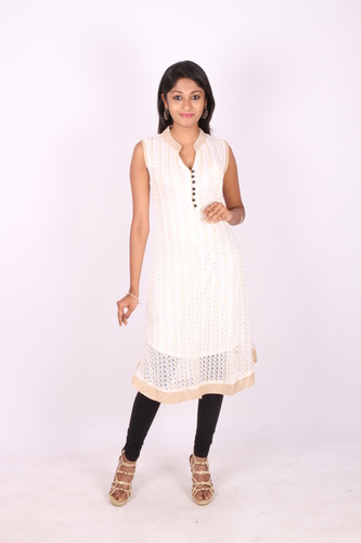 Off white and Golden Sleeveless Net Dress