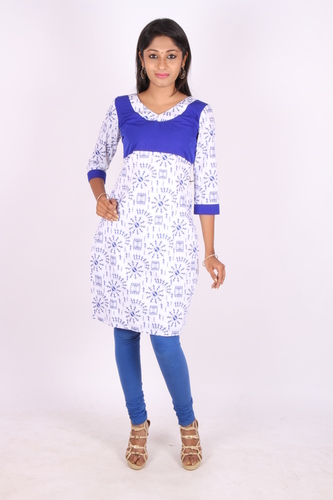 White And Blue Worli Print Empire Cut Cotton Kurta - Cotton, White/Blue, Crepe Yoke, Elegant 3/4 Sleeve
