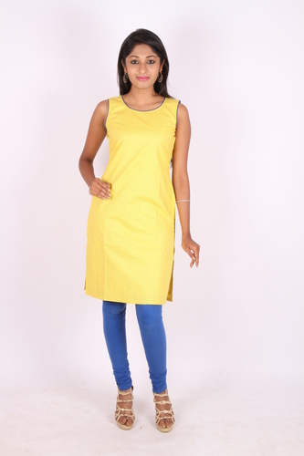 Yellow and Blue Polka Dotted Sleeveless Cotton Kurta - Cotton, Knee-Length, Yellow with Blue Piping, Stylish Formal Wear