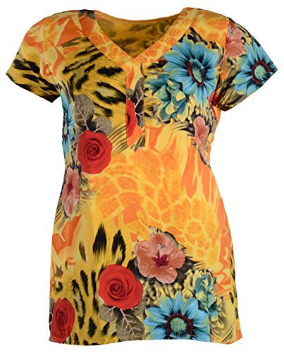 Rampwaq Women's Yellow Crepe Top, V-Neck, Short Sleeve | Floral Pattern, Comfortable Fit, Casual Wear
