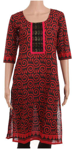 Black And Red Cotton Kurti - Cotton, Knee-Length, Black with Dark Red Print, 3/4 Sleeve, Round Neck, Comfortable Wear