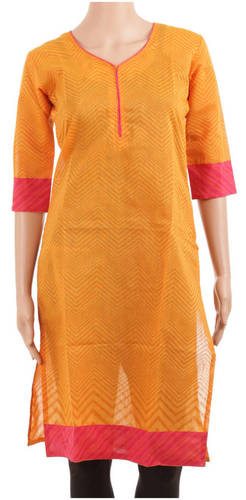 Tinted Orange Cotton Kurti - V-Neck, Knee Length, Three Quarter Sleeves | Stylish, Comfortable, Versatile Office Casual Wear