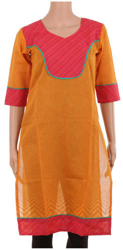 Tinted Orange & Pink Cotton Kurti - Cotton, Knee-Length, Pentagon Neck | Pink Yoke, Zigzag Pattern, Three-Quarter Sleeves