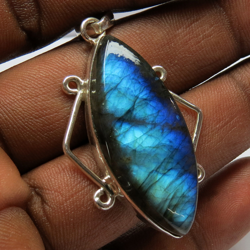 Secret Ocean !! Labradorite 925 Sterling Silver Pendant - 5.2x3.0 cm, Marquise Shape, Bezel Setting, Wholesale Friendly