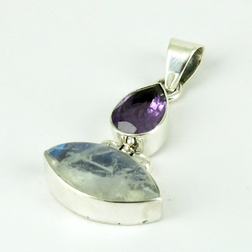 Ocean Queen !! Amethyst, Rainbow Moonstone 925 Sterling Silver Pendant