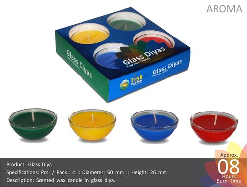 Glass Diya - Glass, 60mm Diameter, 26mm Height, Multicolor | Scented Wax, 8 Hour Burn, Aromatic, Eco-Friendly, Elegant Design, 4 Pcs