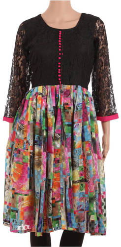 Multicoloured Georgette & Black Lace Designer Dress