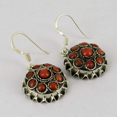 Lovely Petite !! Round Shape Red Coral 925 Sterling Silver Earring