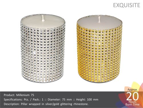 Exquisite Candles - Wax Rhinestone Pillar 75mm x 100mm, Gold Silver, 24H Burn Time