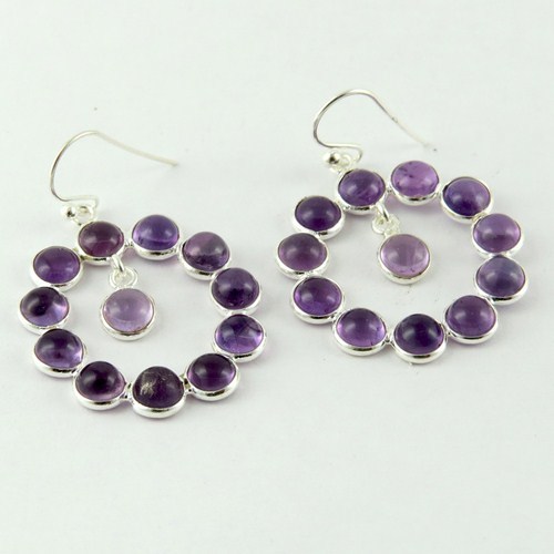 Stellar Sun !! Amethyst 925 Sterling Silver Earring - 4.0x2.7 cm, Round Bezel | Elegant Design, 925 Stamp, Wholesale Friendly