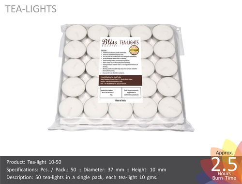 Tea Light Candles - Wax 37mm Diameter x 10mm Height 2.5 Hour Burn Time | Long Burn Time Consistent Quality Convenient 50 pcs Pack