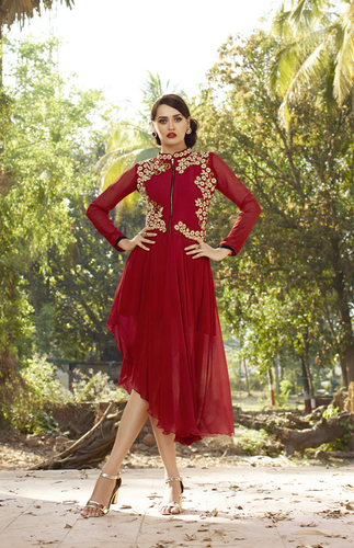 Designer Indo Western Kurti - Georgette, L-XXL, Red | Fancy Embroidered, Knee-Length, Long Sleeve, Party Wear