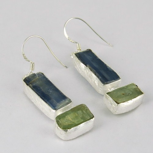 Sensational Style Kyanite, Prehnite 925 Sterling Silver Studs Earring - 4.5x1.2 cm, Bezel Setting, Hook Backing, Elegant Fashion Jewelry