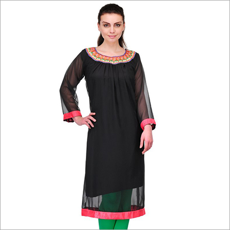 Black Georgette Kurtis - Simple Design, Available in Sizes S, M, L, XL, Perfect for Summer Wear, Elegant Black Color