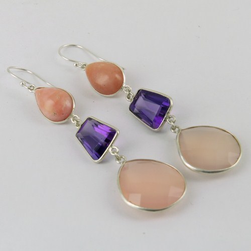 Total Happiness Multi Stones 925 Sterling Silver Earring - 8.0x2.0 cm, Rose Quartz, Amethyst, Pink Opal Pear Shape, Bezel Set