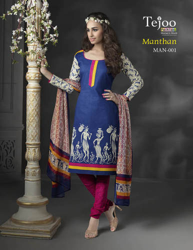Manthan-01 - Cotton Fabric, Blue, 3 Meter Bottom, Chiffon Dupatta | Elegant Design, Alluring Print Patterns