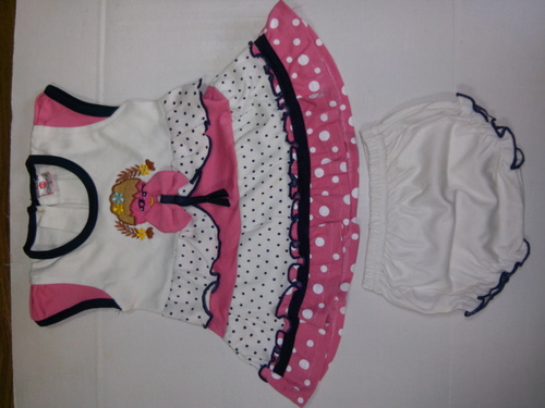 Babies 2 Pc Frock with Panty - 100% Cotton Interlock, Sizes S-M-L, Pink | Back Button Closure, Soft Fabric, Polka Dots Pattern