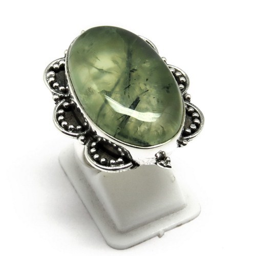 Supernova Prehnite Sterling Silver Jewelry - 925 Sterling Silver, Size 8 US, Oval Green Prehnite, Bezel Setting, Handmade, Durable, Gift-Worthy