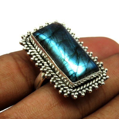 Snow Falling Labradorite Gemstone Silver Jewelry - Sterling Silver, Size 8 US, Baguette Bezel Setting | Natural Labradorite, Elegant Design, Durable, Unisex Ring