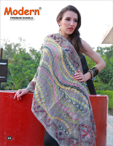 Gray And Multicolor Embroidered Shawls