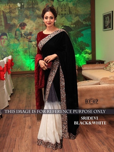 Designer Exclusive Bollywood Saree - Velvet Pedding Georgette, Black and White Color, 6.30 Meter Length, Multi Work with Patch Border