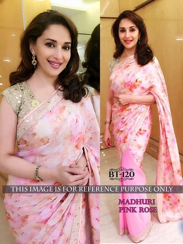 Designer Exclusive Bollywood Saree - Georgette Fabric, 6.30 Meter Length, Pink Color with Lace Decoration, Breathable and Washable for Indian Ethnic Wear