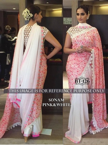 Designer Exclusive Bollywood Saree - Georgette, 6.30 Meters, Pink and White | Modern Ethnic Design, Breathable, Embroidered Pattern, Party Wear