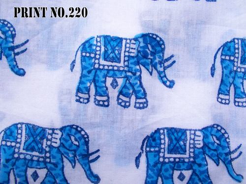 5 YARD HAND BLOCK PRINT100% COTTON FABRIC ROUND BLUE MATCHING MEDIUM SIZE ELEPHANT DESIGN