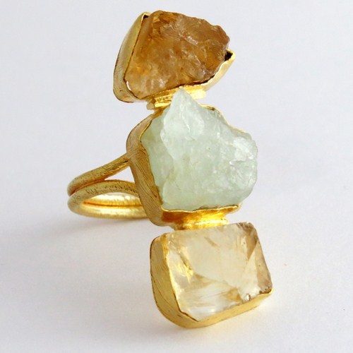 Natural Rough Stone Gold Plated 925 Sterling Silver Ring