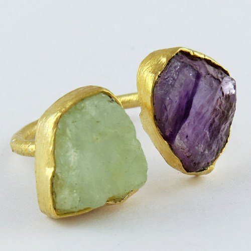 Rough Stone Aquamarine & Amethyst 925 Sterling Silver Gold Plated Ring