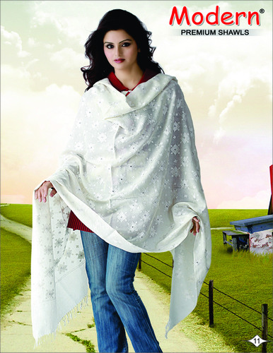Viscose Shawl - Cotton Material, Standard Size, Ivory White | Embroidered Design, Fringe Closure, Perfect for Bridal and Daily Use