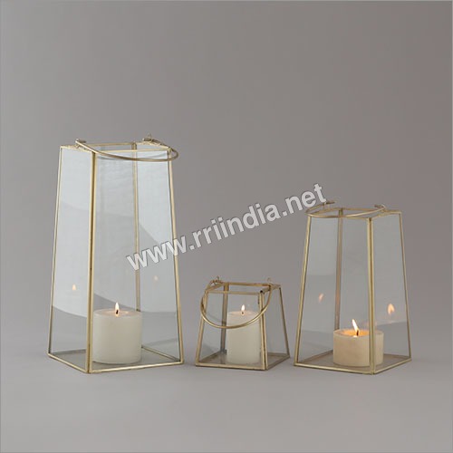 Brass Plated Set Of 3 Geo Lantern