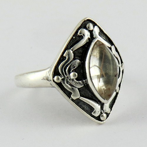 White Rutile 925 Sterling Silver Ring - Size 6, Marquise Cut, Bezel Setting, Handmade Design