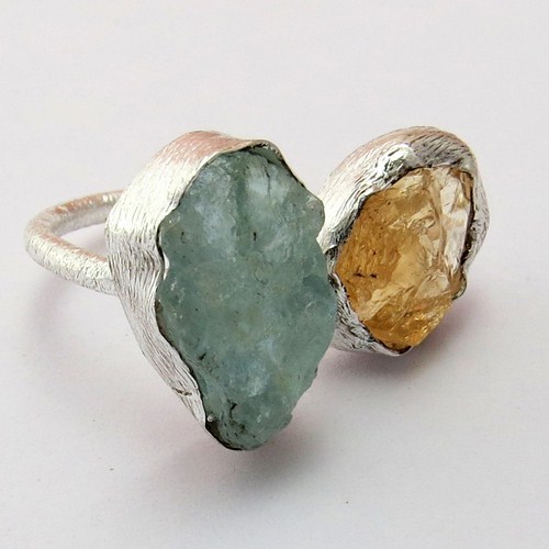 Rough Stone Aquamarine & Citrine 925 Sterling Silver Ring