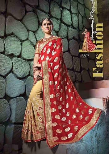 Red And Beige Fancy Designer Stylish Multi Embroidered With Heavy Border Saree