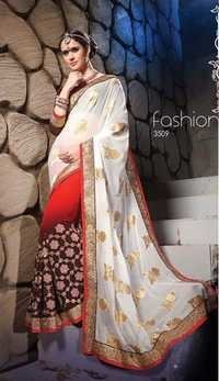 Fancy Party Wear Saree - Viscose Pallu, Georgette Body, 5.50 Meter Length | White And Red, Multi-embroidered Design With Heavy Border, Unstitched, Suitable For All Seasons