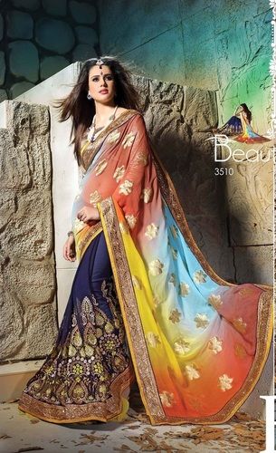 Blue Fancy Designer Stylish Multi Embroidered With Heavy Border Saree