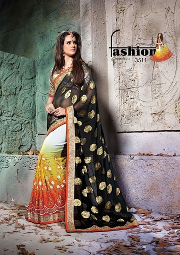 Fancy Designer Stylish Multi Embroidered With Heavy Border Saree - Viscose Pallu, Georgette Body, 5.50 Meter Size | Black and Orange, Bollywood Style, Unstitched for Party Wear