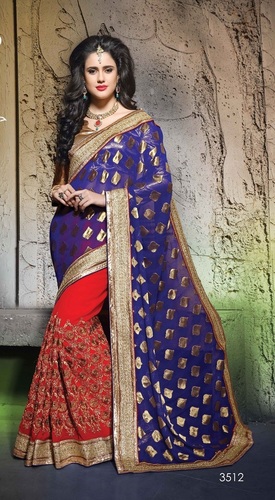 Blue And Red Fancy Designer Stylish Multi Embroidered With Heavy Border Saree