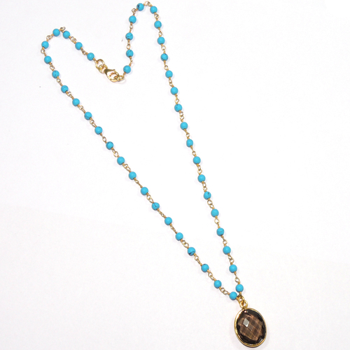 Turquoise with Smoky Quartz Oval 925 Sterling Sliver Necklace Jewelry