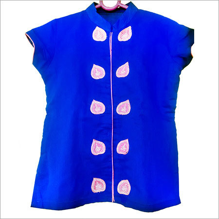 Blue Hand Embroidered Cotton Silk Top - Custom Sizes S-XXXL, Modern Sleeveless Design | Neat Stitching, Color Does Not Fade, Quick Dry, Washable