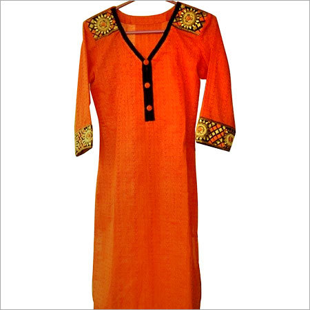 Orange Embroidery Cotton Kurtis