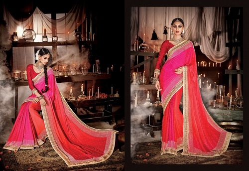 Satin Silk Partywear Saree - 5.5m, Pink Red, Satin Silk with Viscose Blouse Fabric | Embroidered, Elegant Design, Comfortable Fit, Vibrant Colors
